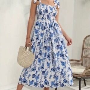 NWOT Haute Hippie Bohemian Cottagecore Blue and White Floral Midi Dress Cotton
